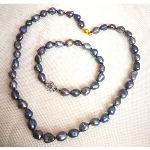 17'' 43cm Women Jewelry set 11mm black blue gray green baroque pearl gold clasp handmade necklace bracelet Cultured pearl