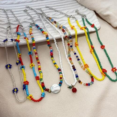7Pcs/Set Trendy Bead Strand Beaded Choker Necklace For Women Bohemian Colorful Handmade Daisy Pearl Necklace Collar Jewelry