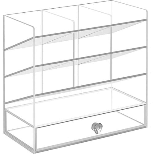 Acrylic Desk Organizer Clear Pen Holder with Drawer Office Organization Storage Box High Capacity for Home School