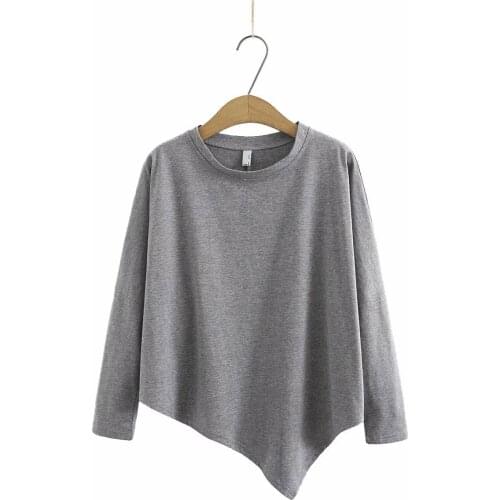 Plus size O neck cotton Irregular women short blouse 2021 new spring autumn casual ladies solid white black gray blue shirts top