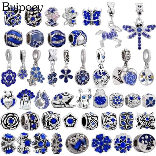 Buipoey 2pcs Blue Rhinestone Flowers Beads Daisy Dangle Charm Cartoon Animals Pendant Fit Diy Bracelets Necklace Making Beaded