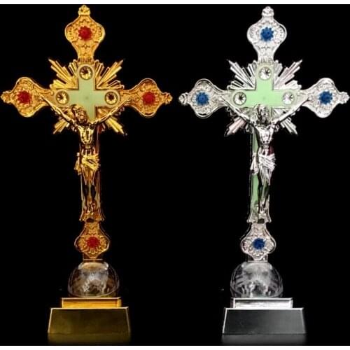 Church Relics Figurines Night Light Crucifix Jesus Christ on the Stand Lamp Cross Catholic Antique Home Decoration