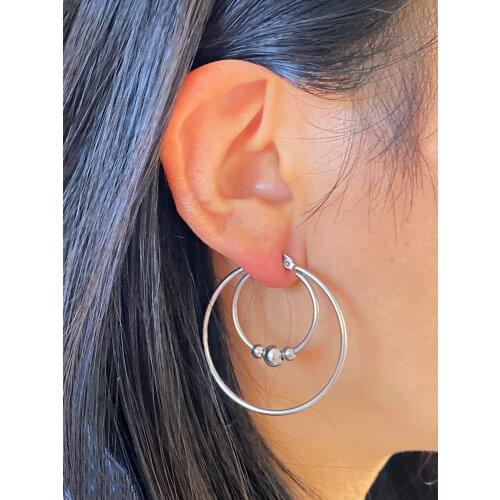 Gold Silver color Metal Bead Stainless Steel Personality Earrings Women 3 Small Ball Big Hoop Earrings Party Rock Gift wholesale