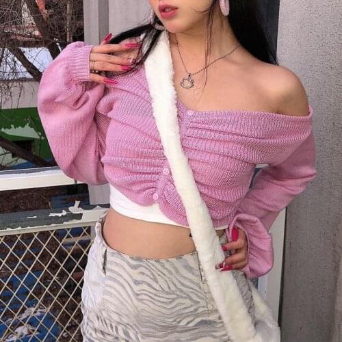 Off shoulder T-shirt autumn 2021 net Red Lantern Sleeve pleated irregular short sweater top women