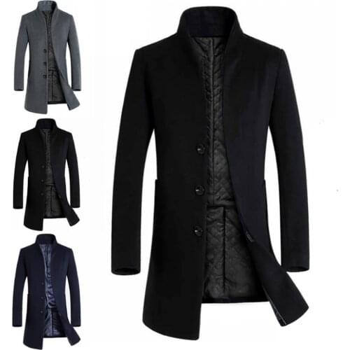 Hot Sales Men Winter Warm Solid Color Woolen Trench Coat Outwear Overcoat Long Jacket