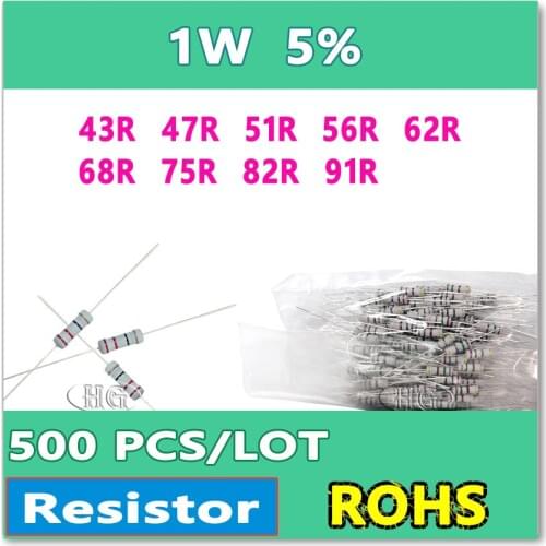 JASNPROSMA 500PCS/LOT 5% 1W 43R 47R 51R 56R 62R 68R 75R 82R 91R carbon film DIP OHM Resistor