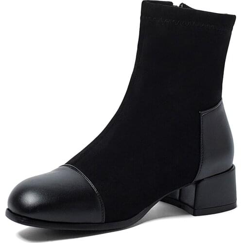 Square Head Elastic Cloth Stitching PU Medium Tube Short Boots 2020 New Winter Thick With Light Luxury British Wild Student Shoe