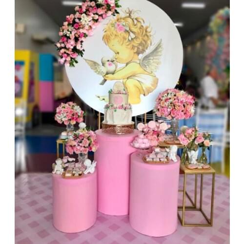 Round Circle Background Birthday Mini Table Party Decoration Baptism Angel Baby Shower Elastic Fabric Cylinder Plinth Covers