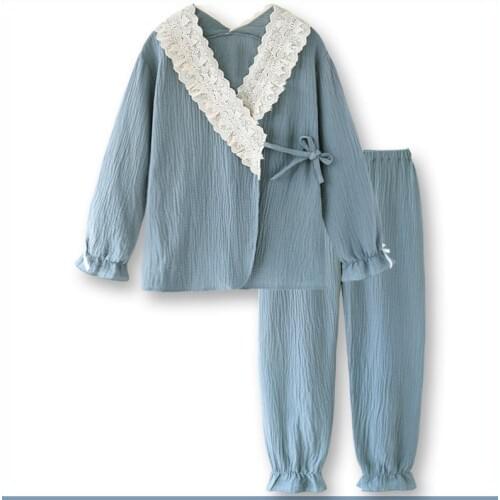 Lace Homewear Womens Sweet Princess Kimono Cotton Pajamas Top Women Set Full Sleeve Shirt Pant kPaCotAkoWka Cute Student Pajama