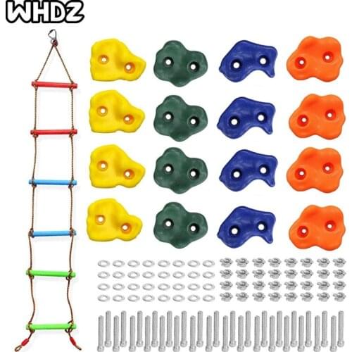 16 DIY Rock Stone Wall Rock Climbing Holds Set Design for Children and Kid with Climbing Rope Ladder and 32 Mounting Bolts