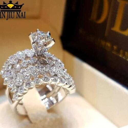 Luxury Micro Inlay Zircon Ring Set Silver Crystal Engagement Wedding Rings for Women High Quality Stone diamond rings for women