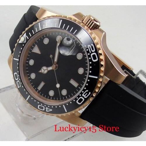Luxury Dress BLIGER Mechanical Men Wristwatch Rose GOLD 24 Jewels NH35 Movement Sterile Dial Ceramic Bezel Insert Rubber Strap