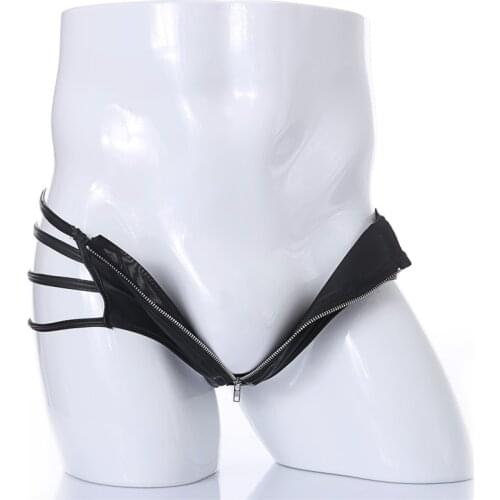 Faux Leather Underwear Men Sexy Briefs Thong Bikini G String Jockstrap Underpants Male T-back Panties tanga Zipper Pouch Black