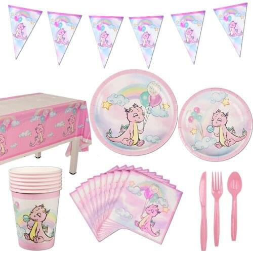 New Pink Dinosaur Theme Party Tableware Decoration Disposable Plate Napkin Tablecloth Banner For Decoration Baby Shower Supplies