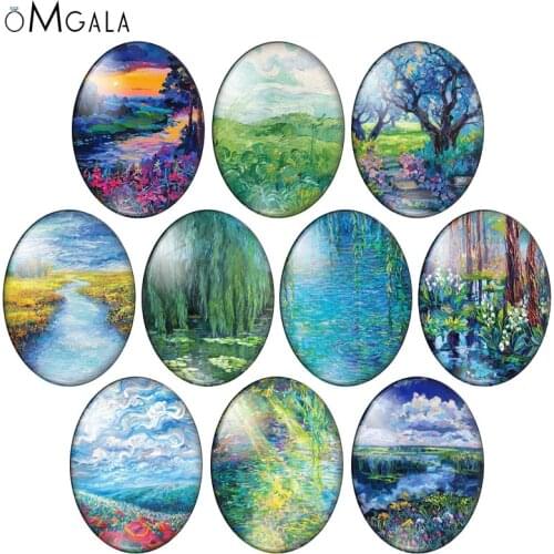New Landscape Oil Paintings 10pcs 13x18mm/18x25mm/30x40mm Oval photo glass cabochon demo flat back Making findings
