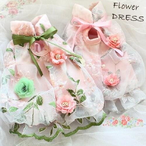 Free Shipping Handmade Dog Clothes Girl Dog Dress Impatiens Collar Flower Blooming Embroidery Bud Chiffon Princess Yorkie Poodle