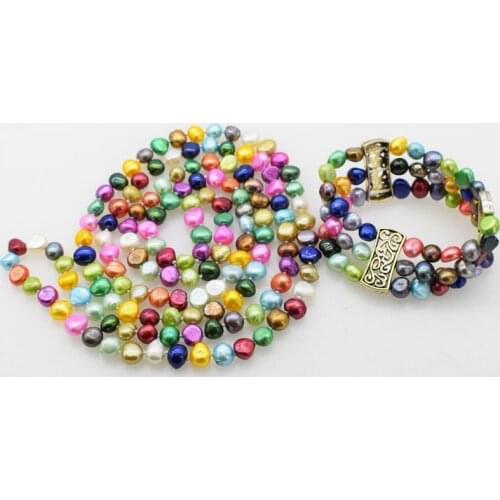 One set freshwater pearl multicolor baroque 7-9mm flat necklace bracelet 40inch 7.5inch FPPJ wholesale