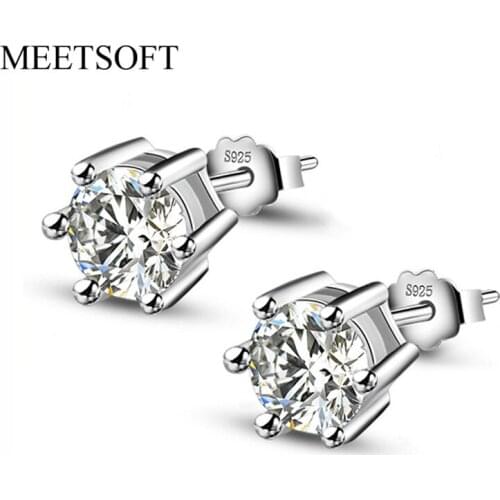 MEETSOFT Silver Plated Prevent Allergy Fashion Stud Earrings for Women Design Trendy Single Crystal White Puprle Jewelry Gift