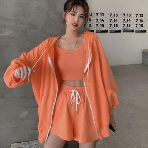 Casual Fashion Sweat Suits Women Zipper Hooded Coat Basic Camisole High Waist Shorts 2020 Summer Korean Outfits