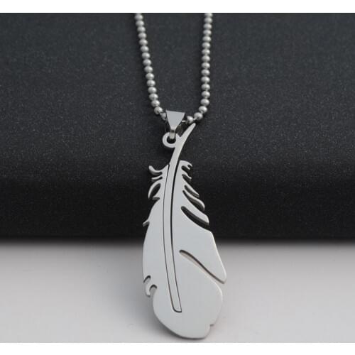 Drop Shipping Fashion Stainless Steel Color Feather Pendant Necklace Beads Chain Necklace Statement Jewelery Gift