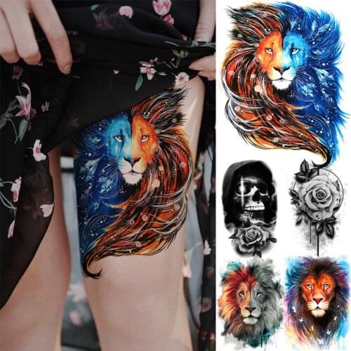 Realistic Watercolor Lion Temporary Tattoos For Women Thigh Men Skull Rose Flower Fake Tattoo Body Art Decoration Tatoos Paper