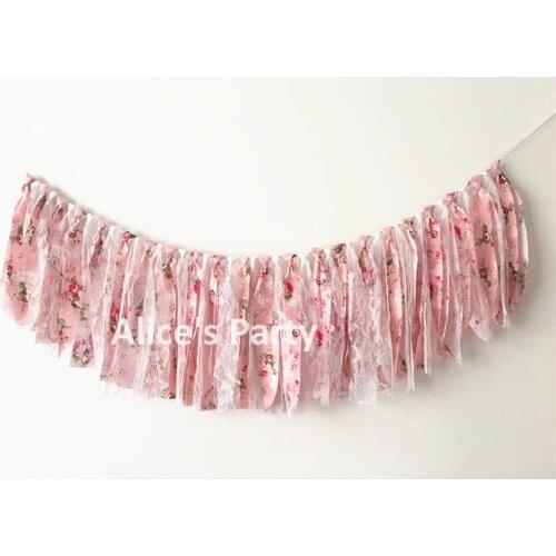 Romantic Rag Lace Fabric Bunting Wedding Party Decorations Pink Boho Floral Flower Banner Bridal Baby shower Hanging Photo props