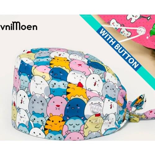 Scrubs hat nurse long hair cap,Little mouse pattern Adjustable Unisex Print Cotton Scrub Hat,Beauty Salon Work Caps,Surgical Cap