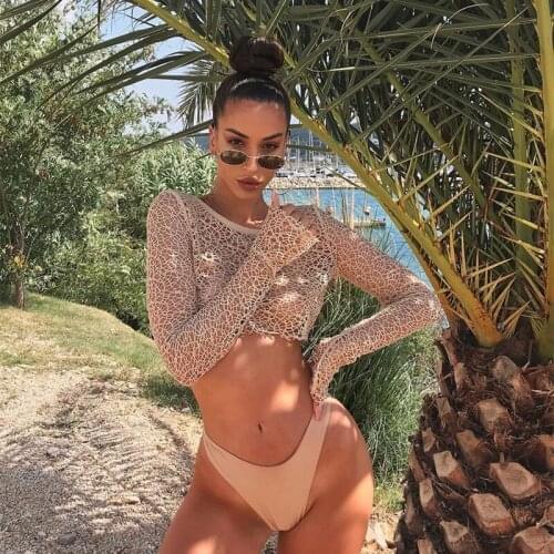 Long Sleeve Crop Top Women Sexy Cut out See Through Crewneck Solid Color T Shirt Ladies Fashion Summer Beach Party Wear