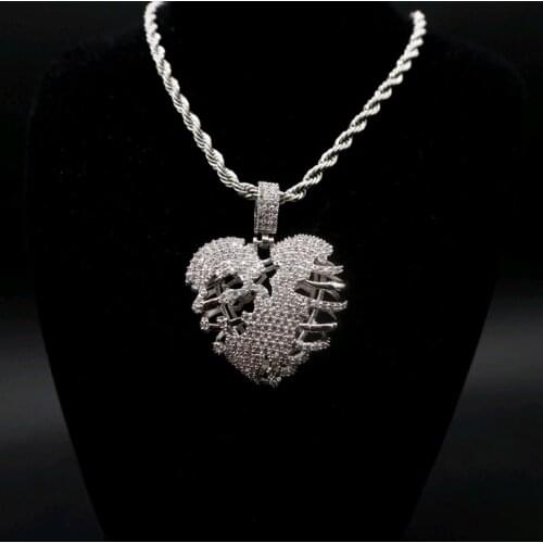 High-quality broken hollow out heart hip-hop American style pendant necklace mens jewelry zircon inlaid with shining hiphop acc