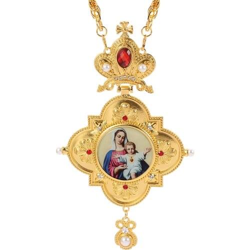 Religious Virgin Mary Jesus Pectoral Orthodox Chain Necklace Gold Plated Jewelry Greek Type Bishop Encolpion Cross for Bishops