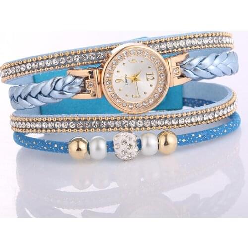 Brand Fashion Women Watches Multi Layer Quartz Watch Bracelet Wristwatch Rhinestone Bead Round Dial Snap Button relog feminino N