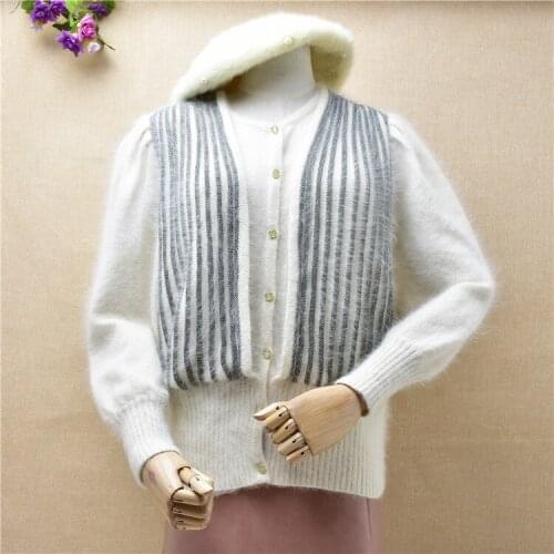 Ladies women vintage hairy fuzzy angora rabbit fur loose cardigans autumn winter white mink cashmere jacket coat sweater pull