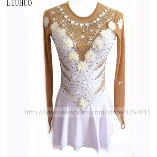 High-end customization Figure Skating Dress Womens Girls' Ice Skating Dress White flowers decorate fine diamonds