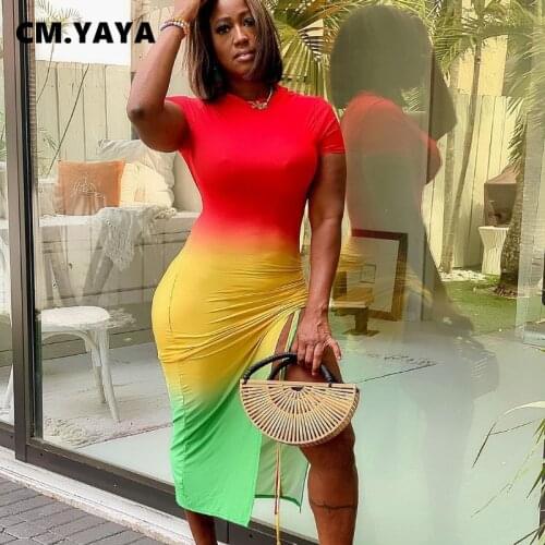 CM.YAYA Women Midi Dress Gradient Color Shirring Splited Sheath Ealstic Short Sleeve Maxi Long Dresses High Street Outfit Summer