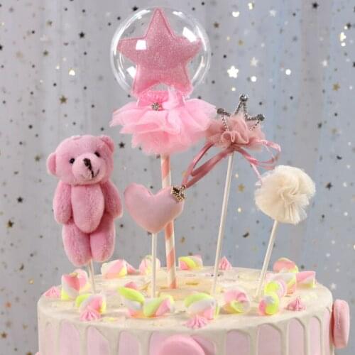 1 Pcs Cute Love Heart Crown Pink Mini Bear Cake Topper Birthday Cup Cake Decoration Baby Shower Kids Birthday Wedding