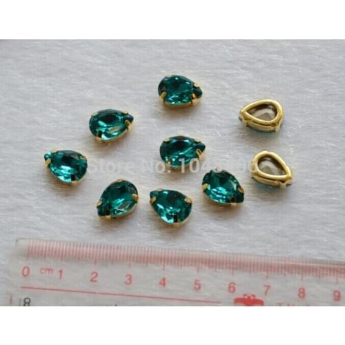 36pcs/lot 10x14mm teardrop highest quality K9 green zircon crystal sew on stones beads with gold claw no any scratch dirty