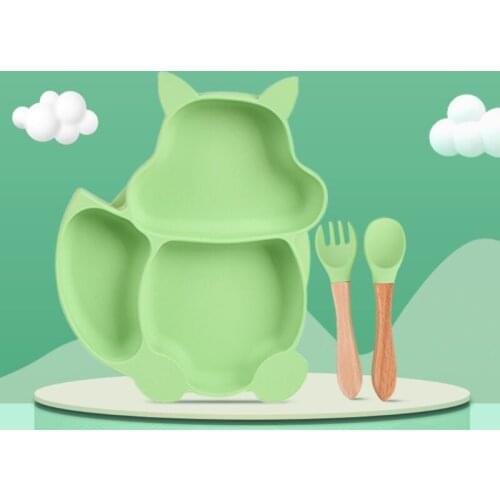 P31B 5 Pcs Baby Silicone Bibs Squirrel Divided Dinner Plate Sucker Bowl Spoon Fork Set Training Feeding Food Utensil Dishes Kit