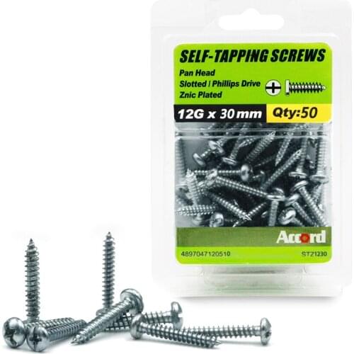 ACCORD 50PCS Self-Tapping Screws 12G M5.5 30mm Zinc Plated with Storage Box Galvanized Steel Fasteners