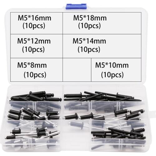 60Pcs M5 Black Aluminium Pop Rivets Dome Headed Blind Rivet 8-18mm Assortment Kit
