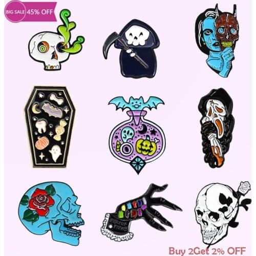 Punk Gothic Skull Series Enamel Pins Cat Rose Skeleton Brooches Halloween Badge Lapel Pin Jewelry Gift for Friends