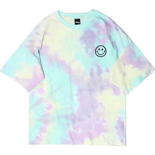 Summer Super Hot Tie-dye Smiley Face Men And Women BF Style Loose Couples Short Sleeve Pink T-shirt Hip Hop Tops Tee