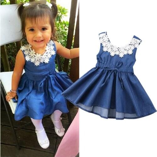 Hot 1-6Y Summer Kids Baby Girl Dress Lace Floral Sleeveless Denim Princess Party Dresses Fluffy Sundress