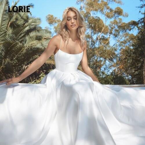 LORIE Vintage Wedding Dresses Spaghetti Strap Scoop A-Line Satin Backless Princess Beach Wedding Gown Bridal Dress 2021
