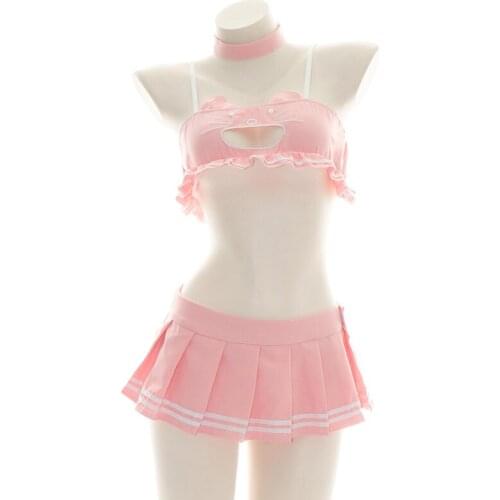 Sweet Pink Cat Embroidery Open Chest Ruffles Tube Tops Pleated Skirt Suit Sexy Lolita Girls Private Cosplay Maid Underwear