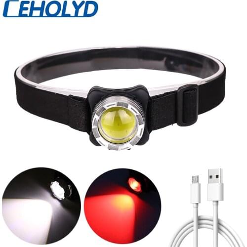 Powerful Headlamp USB Rechargeable Headlight COB LED Head Light with Built-in Battery Waterproof Head Lamp White Red Lighting