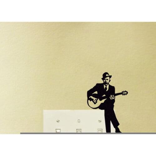Man Wearing A Hat Guitar Player Light Switch Velvet Sticker For Bedroom Home Decoration Art Decals Silhouette GA286