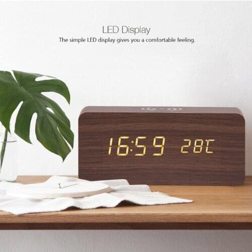 New LED Wooden Alarm Clock Table Voice Control Digital Wood Despertador Electronic Desktop QI Wirless Charger Desk Alarm Clocks
