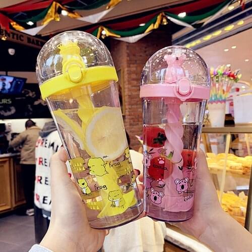 New Creative Cartoon Straw Cup Cute Animal Plastic Water Bottle For Kids Girls Portable Leak Proof Milkshake Mixing Cups 500 ML