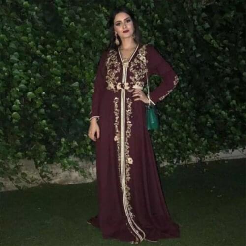 Newest Moroccan Caftan Evening Dress V Neck Embroidered Muslim Prom Dress Custom Made Arabic Abaya Formal Dresses robe de soiree