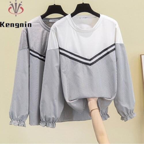 New 2021 Autumn Women Pullovers Loose Oversized Thick Thin Ladies Tops Casual Patchwork Striped Long Sleeve Female Tees KE1761